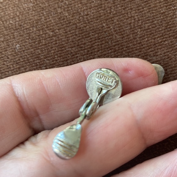 Monet signed small dome clip earrings. Bright shiny chrome. Also marked Patd - Picture 4 of 4